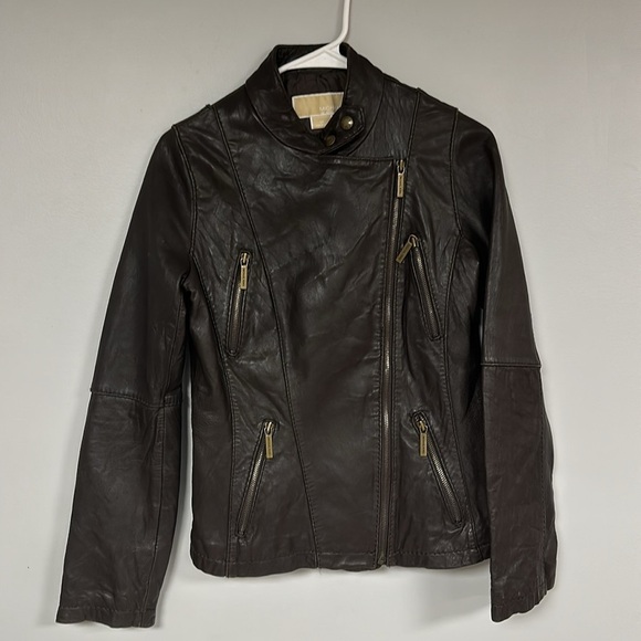 Michael Kors Rich Brown Leather Moto Jacket Size S/P Buttery Soft, lined, bronze - Picture 1 of 15